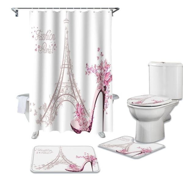 

shower curtains pink paris tower high heels female white bathroom mat set waterproof curtain rug lid toilet cover bath rugs