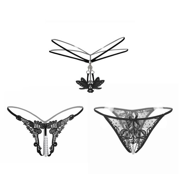 

women's panties fashion transparent crotchless lace pearl g-string for erotic thongs women underwear open crotch 3pcs, Black;pink
