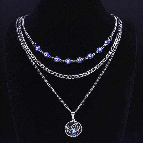 

pendant necklaces 3pcs islam turkey eye tree of life stainlessÂ steel layer women blue chocker necklace jewelry bijoux femme n1791s04, Silver