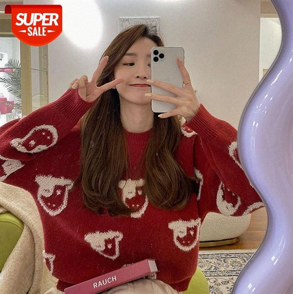 

[my new year sweater] long-sleeved round neck red loose warmth sweater women #lf4x, White