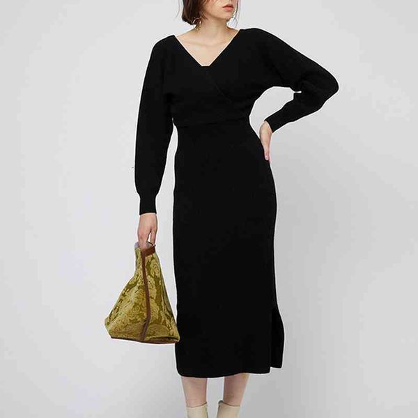 

Casual Dresses 2022 Autumn Winter Women Sweater Vestidos Japanese Fashion Robes Cross V Neck Slim Waist Long Knitted RQFE, Black;gray