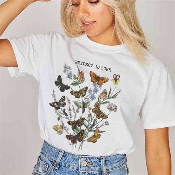 

respect nature print boho aesthetic botanical graphic t shirts women t-shirts ladies summer clothes 210512, White