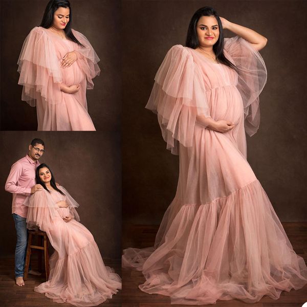 2021 Rosa Rüschen Plus Size Schwangere Damen Umstandsnachtwäsche Kleid Nachthemden für Fotoshooting Dessous Bademantel Nachtwäsche Babyparty