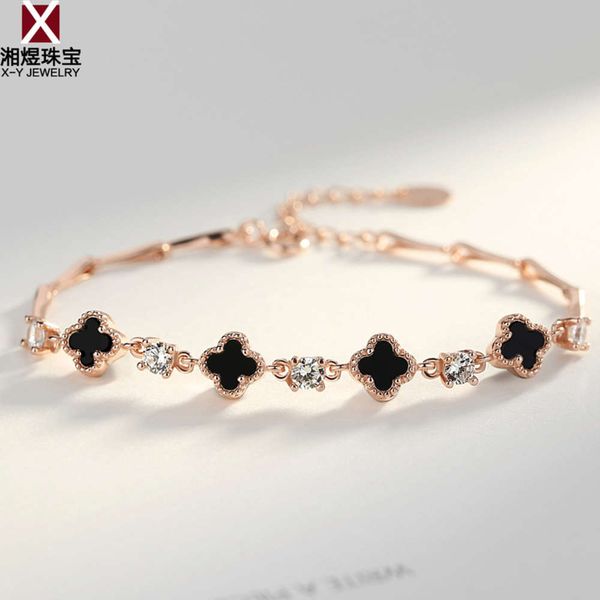 

clover women's s925 silver black agate lucky grass bracelet