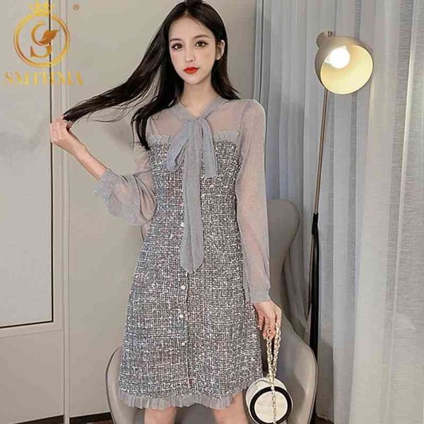 Outono e inverno Sexy See-throush Mesh Tweed Dress Fita Curva Single-Breasted Manga Longa Chique 210520