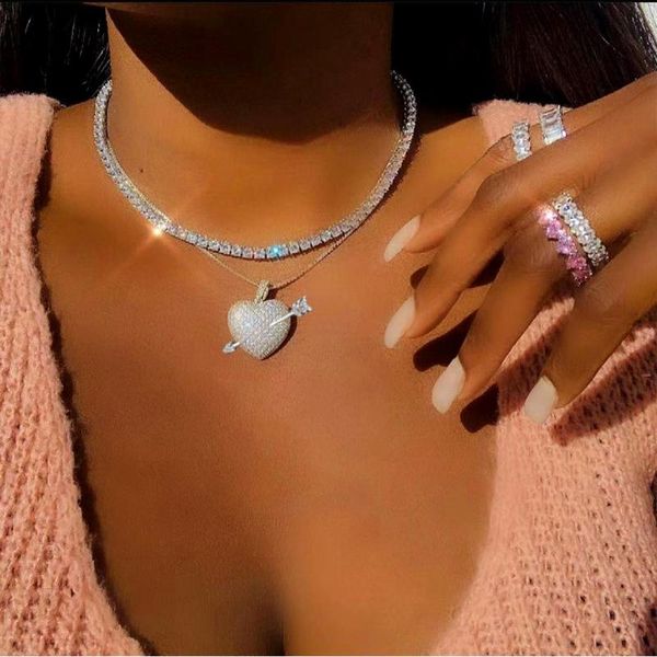 

chains shiny heart multilayer choker necklace crystal tennis chain for woman full rhinestone pendant trend jewelry gift party, Silver