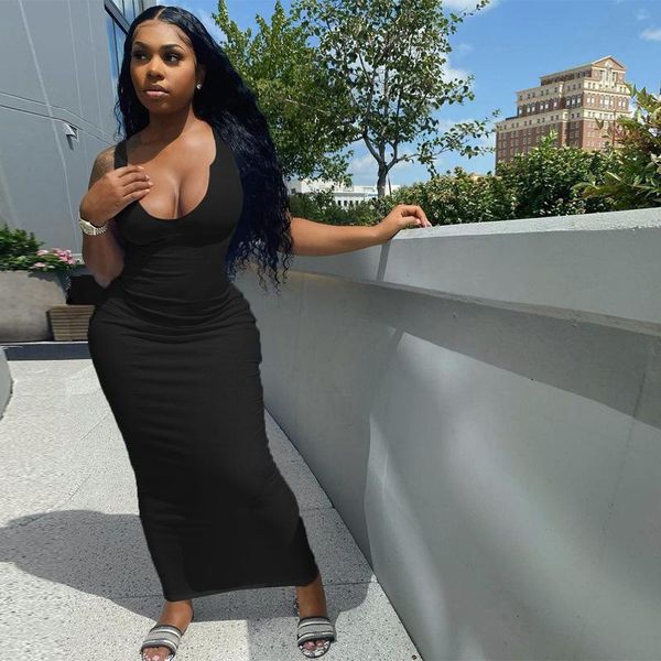 

casual dresses women ribbed u neck skinny tank long ladies solid bodycon fashion birthday outfits club party maxi dress, Black;gray