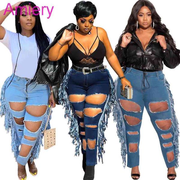 Женщины Big Holow Джинсы Мода Пирсинговые Кисточки Slim Fit Street Trend Большие Джинсовые Брюки Осень Новый 2021