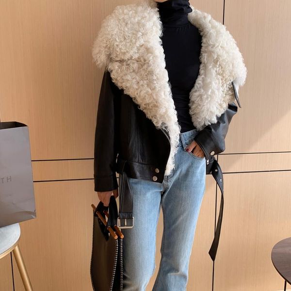 

women's leather & faux 90%white duck down genuine sheepskin jackets wool fur collar coat female warm woman clothes abrigo mujer zjt1310, Black