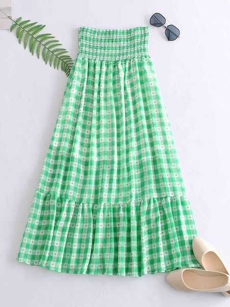 

skirts women green plaid print spring summer fashion elastic waist high sweet fresh long casual boho bohemian nekf, Black