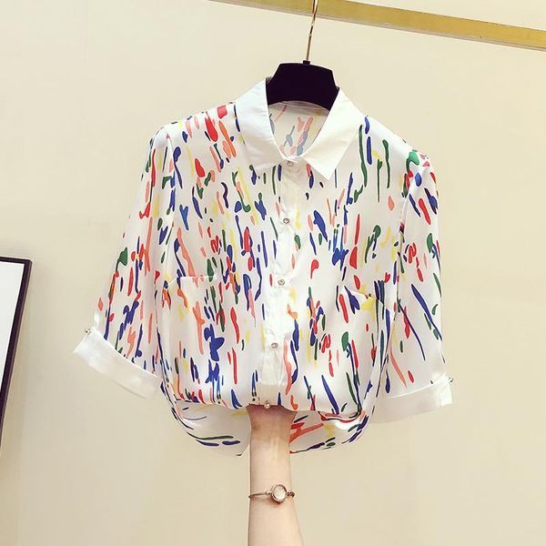 

women's blouses & shirts 2021 summer women turn down collar colorful print shirt blouse half sleeves ladies all-match blouuse blusas a, White
