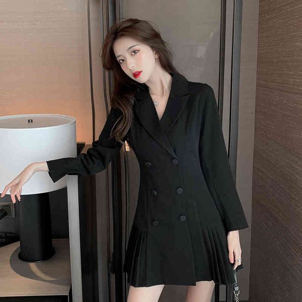 

double-breasted notched korea dress women spring black pleated dresses ol slim work wear vestidos 210412, Black;gray