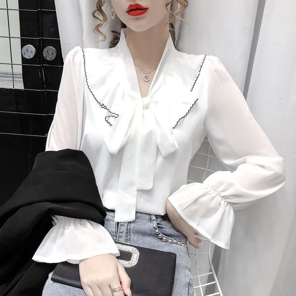 

women's blouses & shirts chiffon blouse loose v-neck girl's shirt summer fashion casual solid long sleeve office lady blusas houth, White