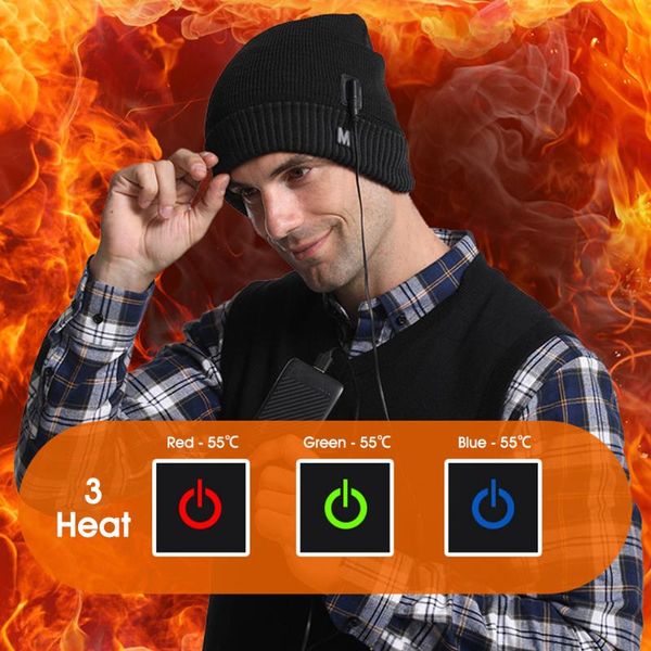 

heated hat winter beanie skull cap for men and women rechargeable washable with 3 heat outdoor hats, Black;white