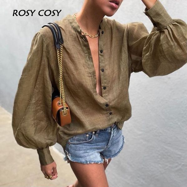 

women's blouses & shirts 2021 autumn puff sleeve single breasted women blouse elegant solid loose ladies cardigans vintage femme casual, White
