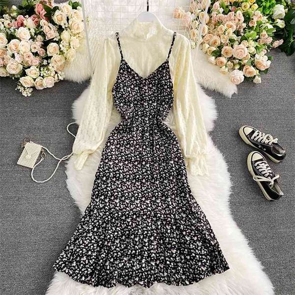 

spring autumn retro wild waist slimming sling floral dress two-piece puff sleeve lace bottoming shirt uk542 210506, White