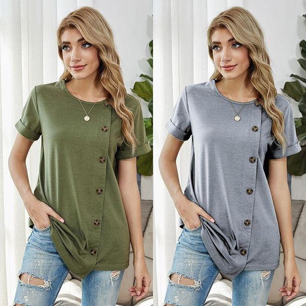 

women's t-shirt 2021 spring solid color single breasted home casual short sleeve for women, White