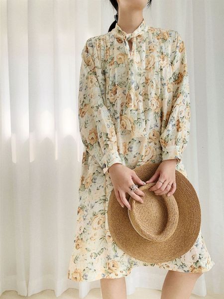 

dress floral printed knee-length women's 100% linen long sleeve split bow lace-up fresh female casual dress, Black;gray