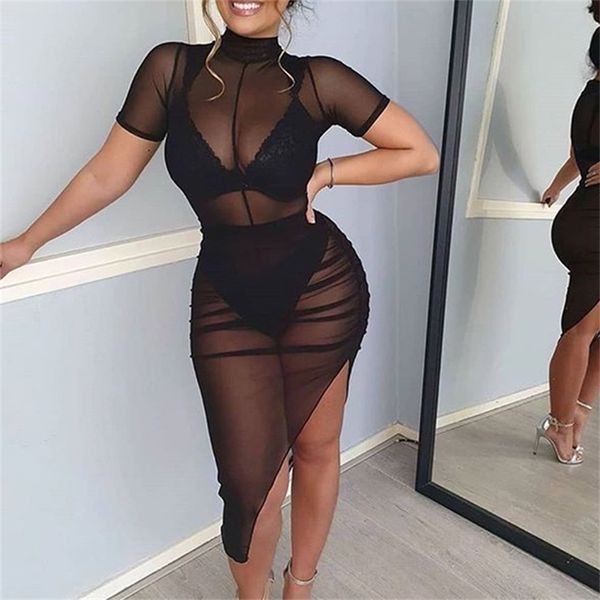 Verão Sexy Mulheres Malha Preto Transparente Vestidos Irregulares Plissados ​​Split Split Manga Curta Sheer Sundress Fits Vestidos 210623