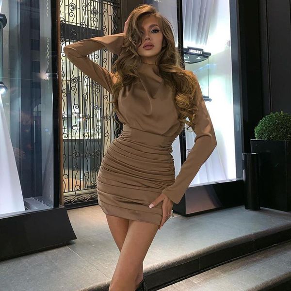 

casual dresses 2021 autumn winter long sleeve ruched pure mini dress for women elegant streetwear party outfits clubwear solid basic, Black;gray