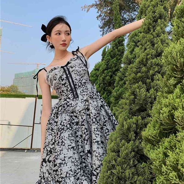 

casual dresses jacquard floral spaghetti strap backless 2021 spring summer lace a line tunic ladies cami korean style uc0d, Black;gray