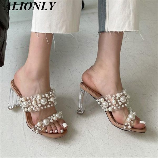 

slippers alionly transparent pvc string bead shoes for women 2021 summer open toe crystal perspex heels slides beach sandale, Black