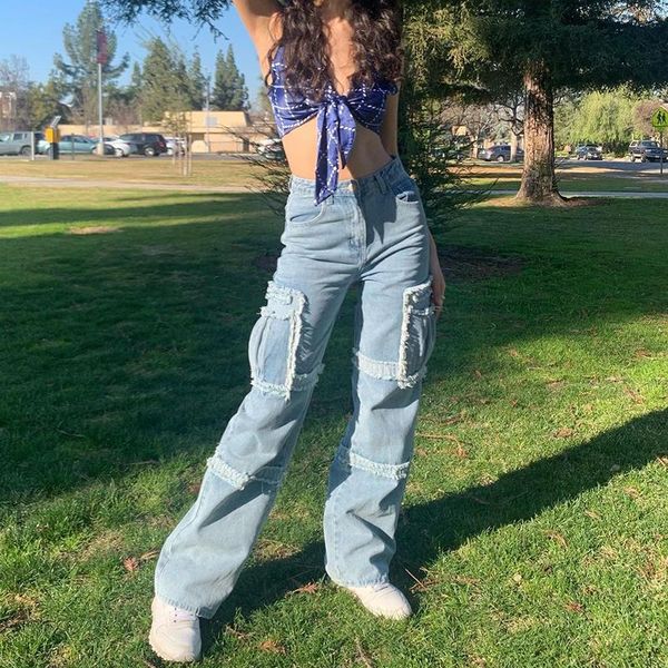 

women's jeans y2k blue retro burr pockets denim pants ruched tassel cargo women trousers streetwear jean