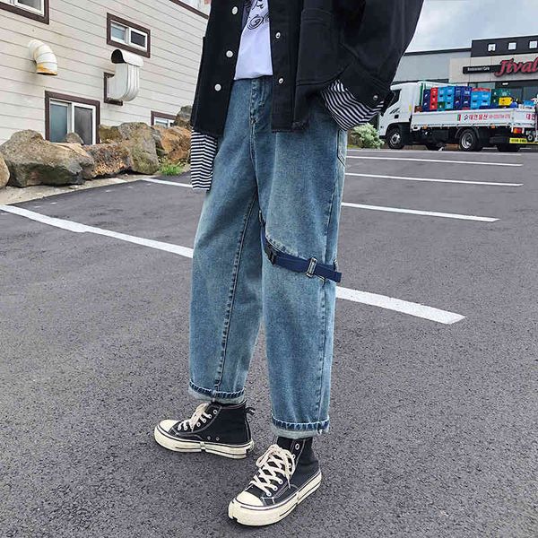 

men's jeans send belt baggy homme wash mens fashion trend casual pants male straight biker denim blue color trousers s-2xl t7c9