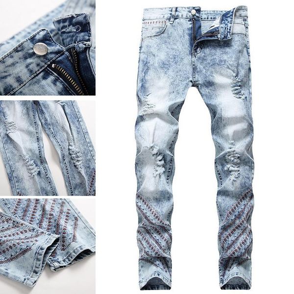 

men's jeans wash water make old pants tide brand slim straight casual retro male khaki, Blue