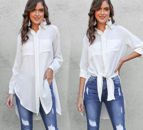 

fashion new casual solid color long sleeve autumn women forking loose shirt, White
