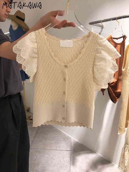 

matakawa korea spring and summer v-neck sweater women fashion sweaters hollow out pullovers button fly sleeve women's 210513, White;black
