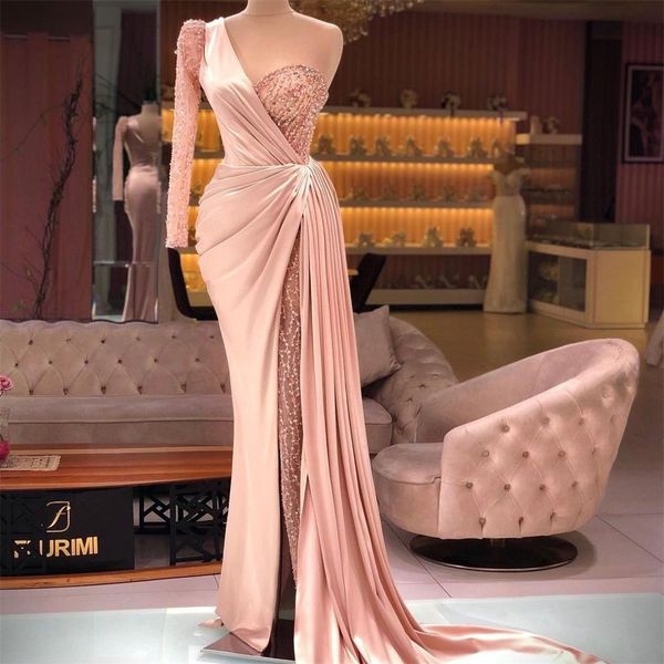 

2022 mermaid evening dresses beading pleat prom gowns side split one shoulder second reception dress vestidos, Black;red