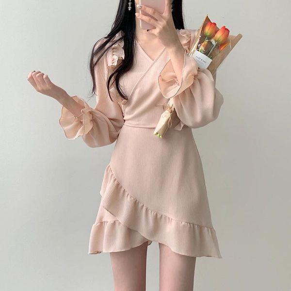 

casual dresses woman's solid color dress one-piece v-neck long bubble sleeve lace-up irregular mini, Black;gray