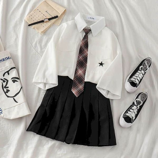 

two piece dress jk conjunto de uniforme feminino manga curta, camisas estilo escolar, saia plissada, duas peÃ§as, outono zb34, White