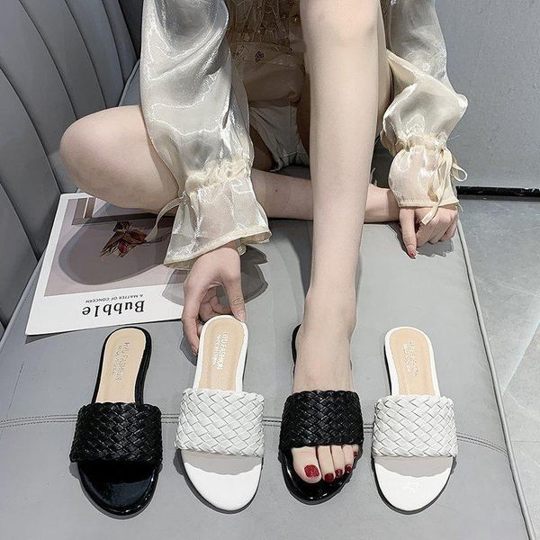 

fashionable temperament braided charm open-toed flat slippers set feet vacation beach sandals casual flip flops women's shoes, Black