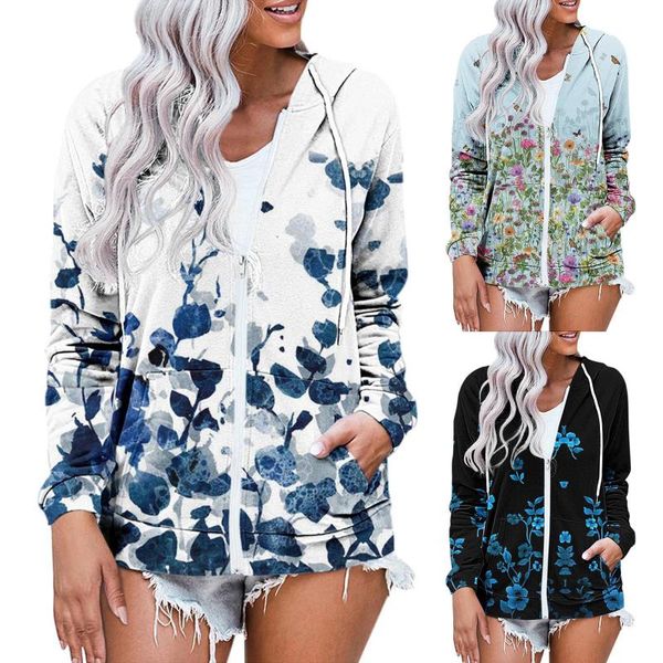 

women's jackets 2021fashion long sleeve casual flower printing zipper hooded tunics zip up hoodies sweatshirt with pockets jacket coat#, Black;brown