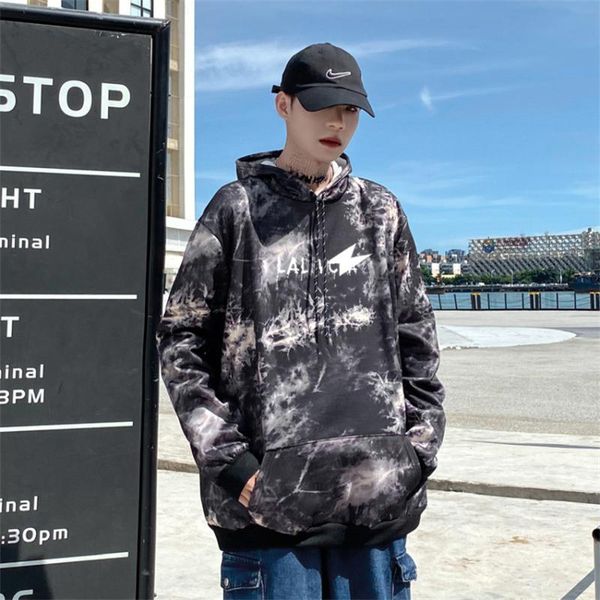 

men's hoodies & sweatshirts spring and autumn 2021 japan korea hooded hoodie thin fleece hip-hop trend tie-dye print with coat men, Black