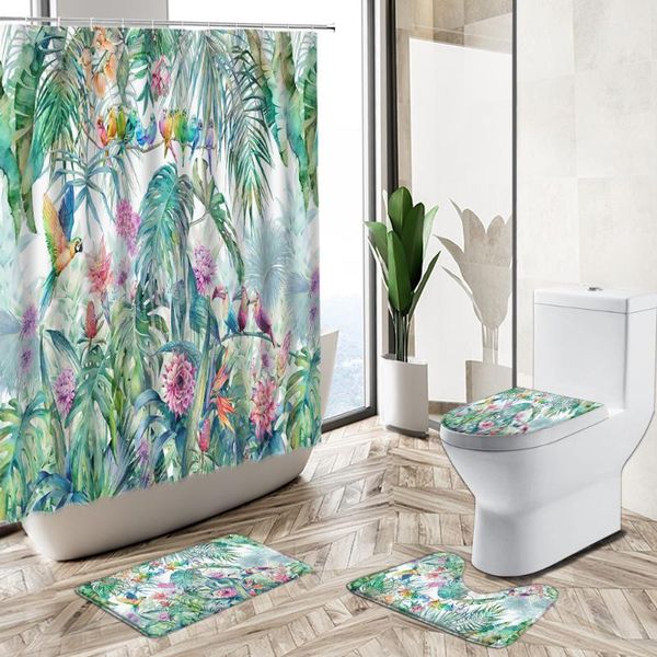 

shower curtains tropical jungle scenery curtain plant flower parrot bird lion leopard animal bathroom decor rug toilet cover bath mat set
