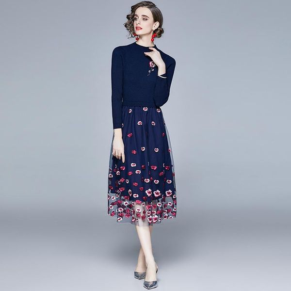 

autumn winter luxury flower embroidery patchwork knit sweater dress long sleeve woman mid calf mesh robe femme party vestidos casual dresses, Black;gray