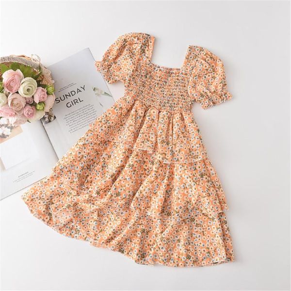 

girl's dresses summer casual kids girls fashion short sleeve floral dress stylish square collar elastic for children, Red;yellow