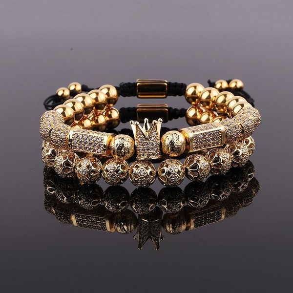 

beaded, strands luxury men bracelet jewelry gold plated cz pave crown charm stainless steel beaded set male, Black