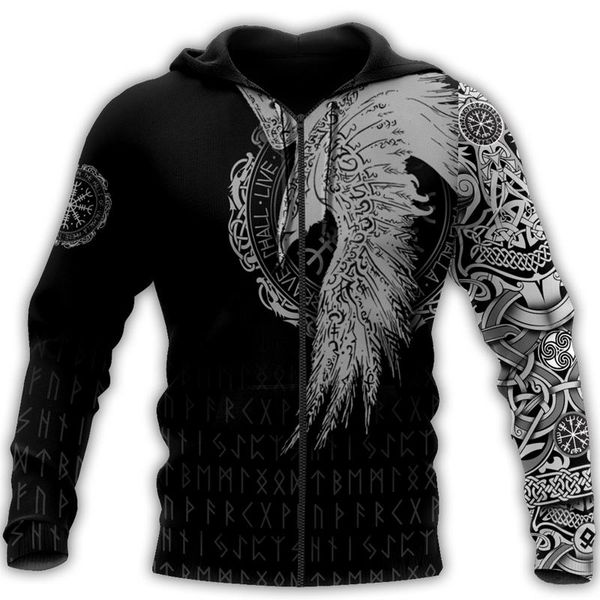 

men's hoodies & sweatshirts fashion zipper hoodie viking tattoo 3d all over printed sweatshirt casual harajuku dll35, Black