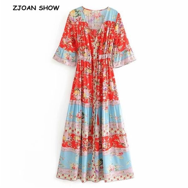 Böhmen Rote Rose Blumendruck Kleid Urlaub Frau Schnürung Taille Einreiher Knopf Lange Kleider BOHO Strand Vestido 210429