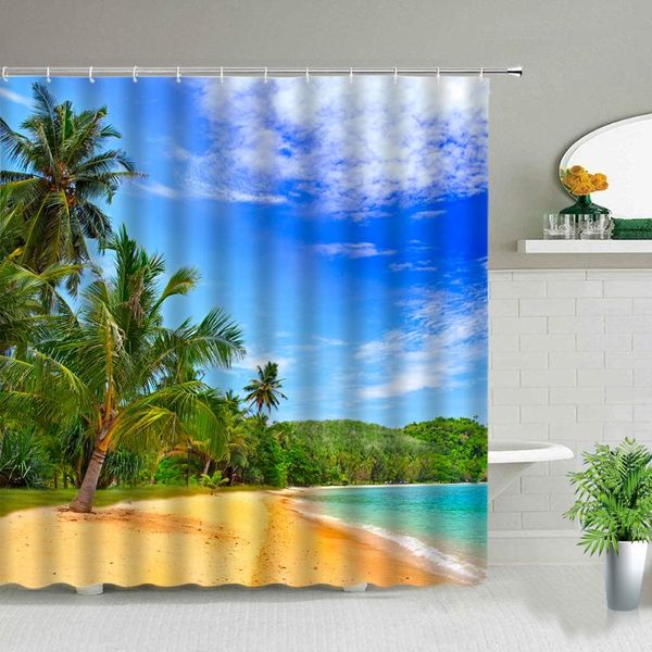 

shower curtains sunny beach palm tree printed fabric sea ocean scenery bath screen waterproof products bathroom decor with hooks