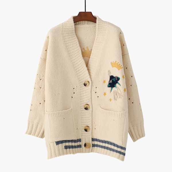 

apricot blue sweater knitted embroidery hole long sleeve single breasted cardigans v-neck autumn m0203 210514, White