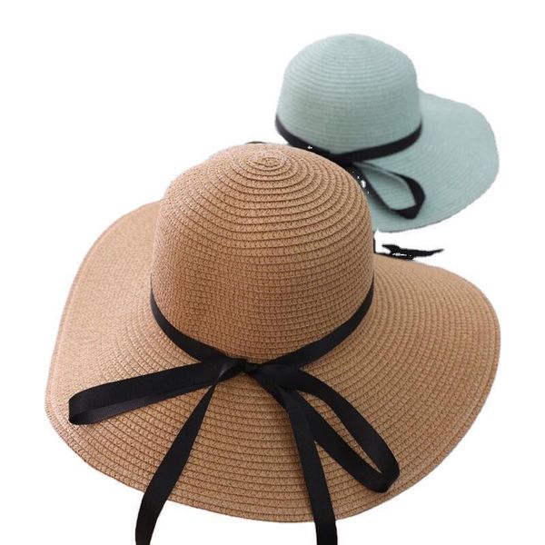 

wide brim hats summer custom ribbon print women beach paper straw hat, Blue;gray
