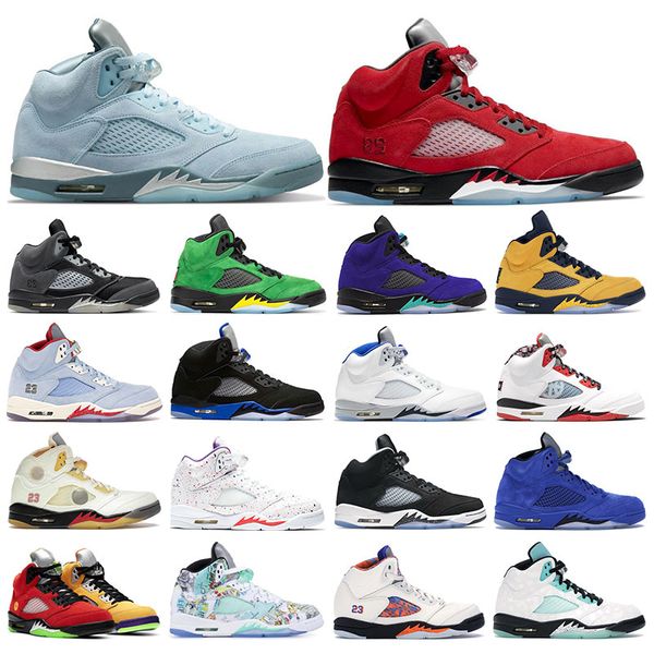 

5 mens sneakers basketball shoes 5s bluebird racer blue raging bull alternate grape oregon oreo oil grey suede womens sports trainers 5.5-13, White;red
