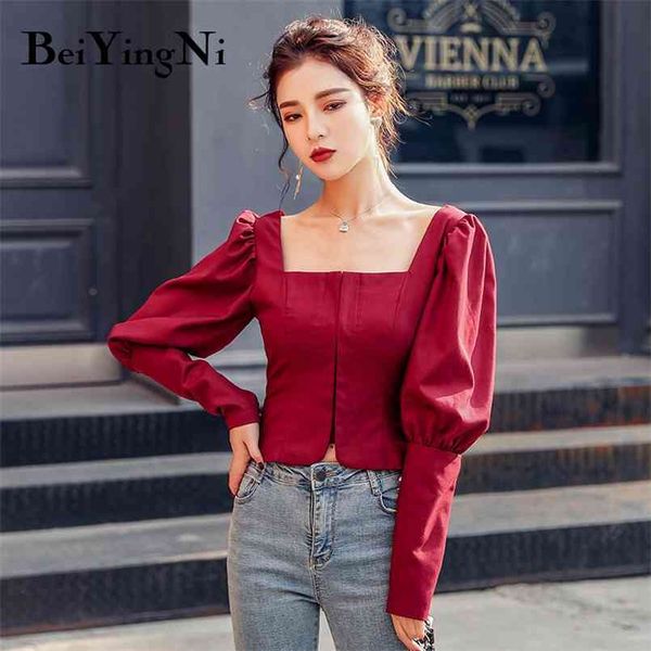 Sexy Blusen Damen Weinrot Schwarz Herbst Langarm Slim Casual Blusas Weiblich Abgeschnitten Top Mode Koreanische Hemden 210506