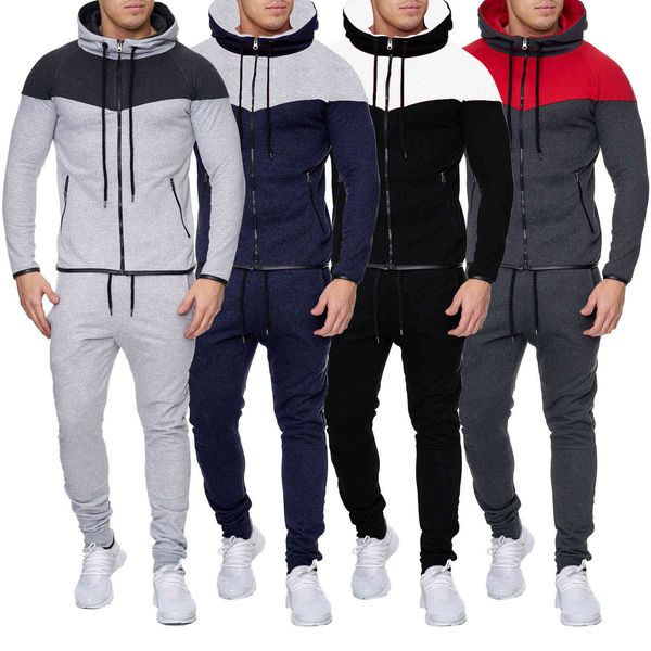 

men's tracksuits spring and autumn casual fashion color matching cardigan sweater pants sportswear, Gray