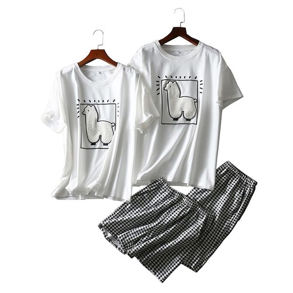 

women's sleepwear 2021 summer new couples short-sleeve round neck cotton embroidery alpaca shorts men women loose pajamas set comf, Black;red